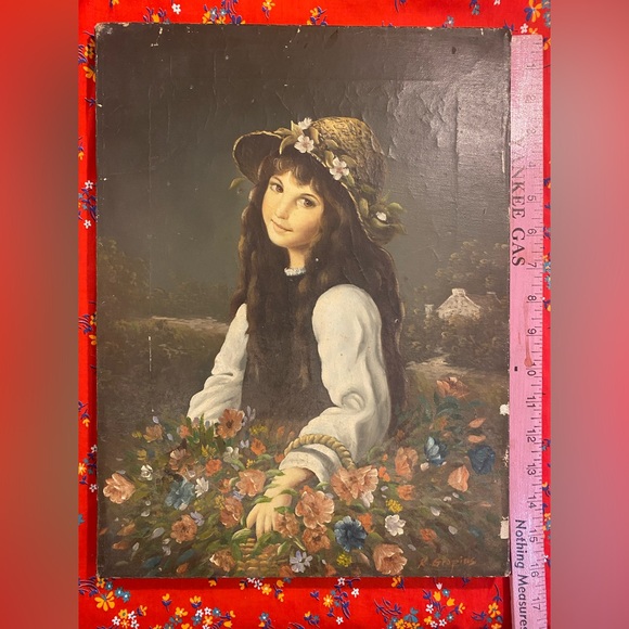 Vintage OIL ON CANVAS Young Girl Holding Basket Of Flowers Signed K. GROPIUS - Picture 3 of 13